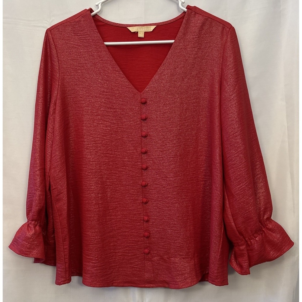 Hope & Harlow S Red Metallic Shimmer Peasant Blouse Faux‎ Button Boho Top Women